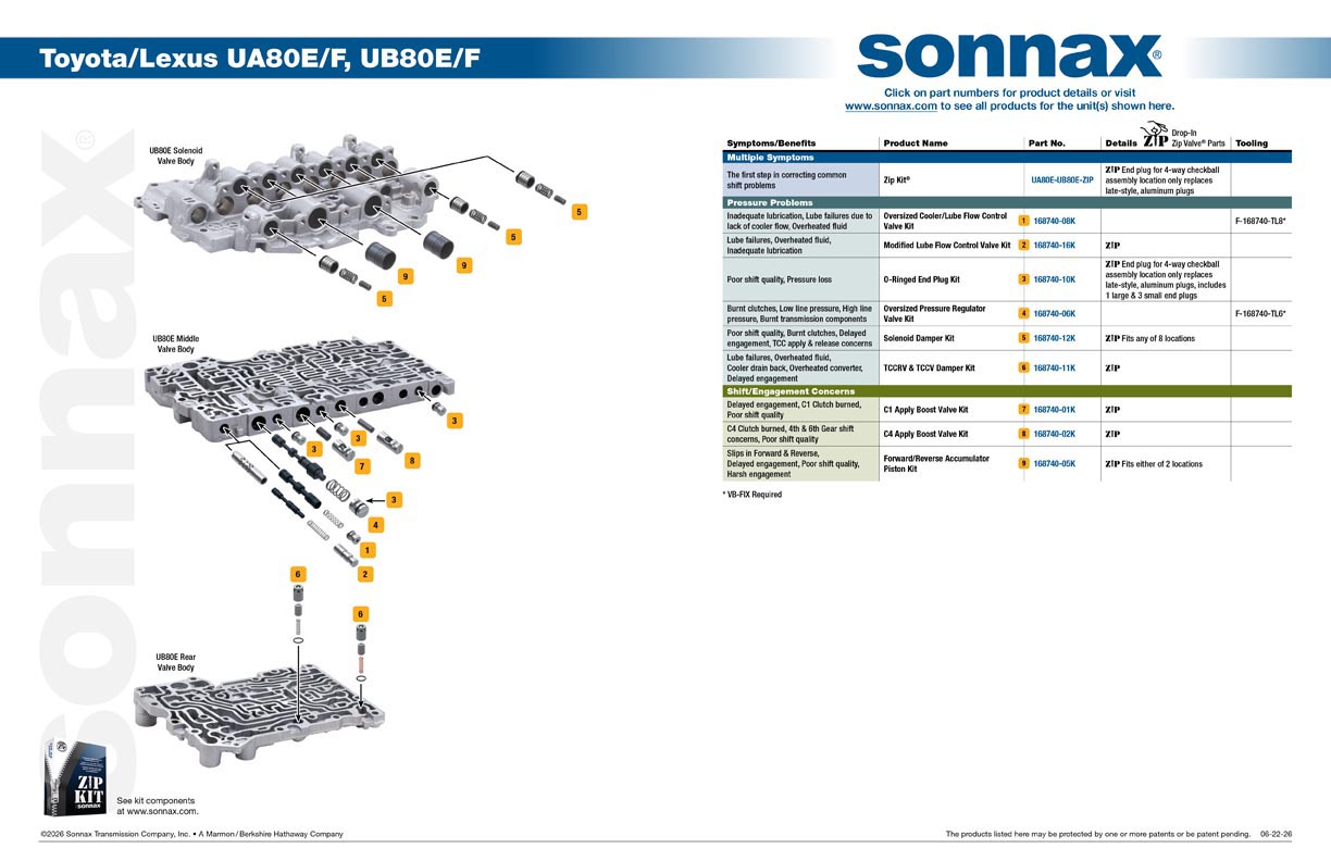 Toyota/Lexus UA80E/F, UB80E/F Valve Body Layout | Sonnax
