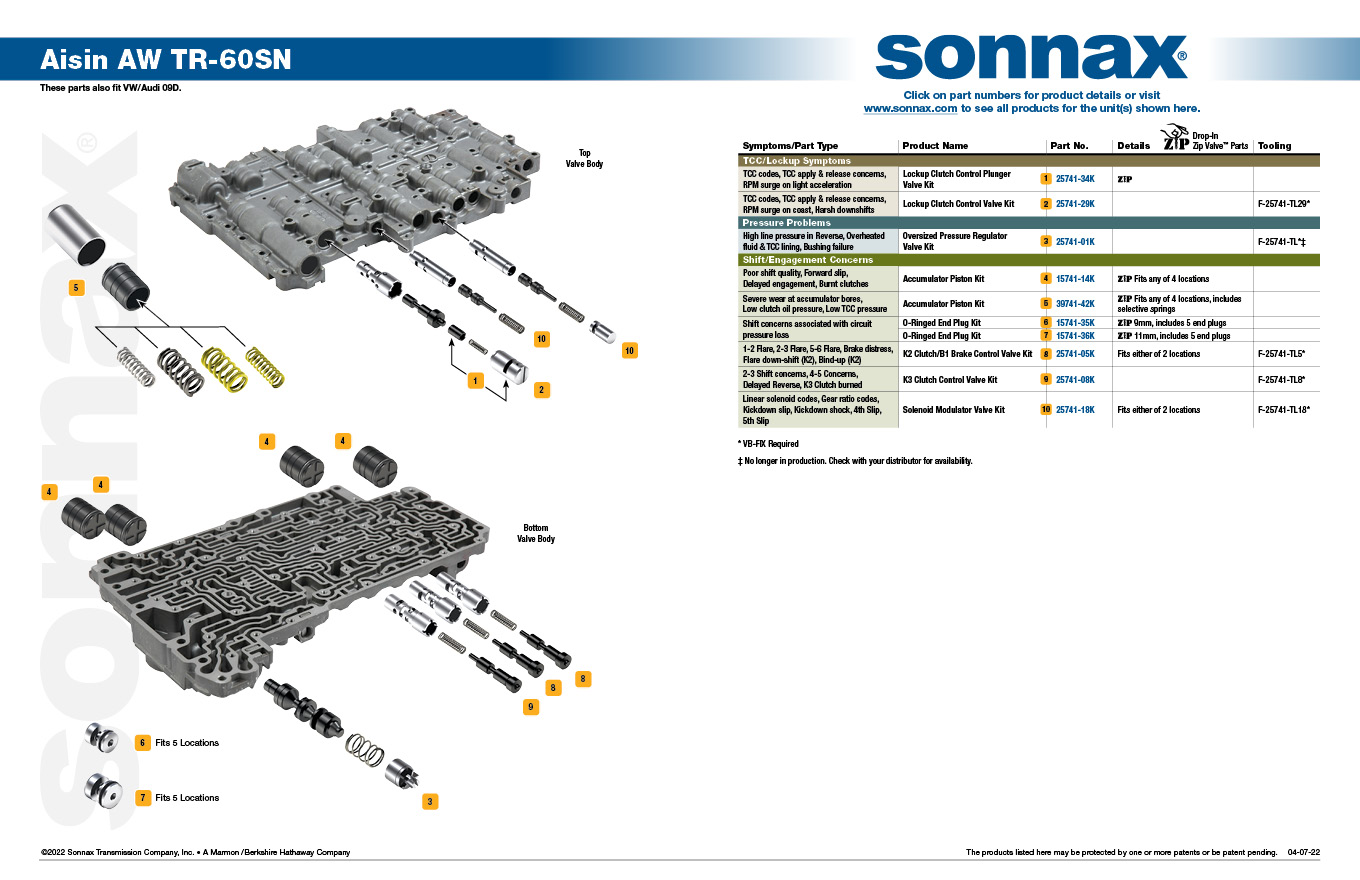 Sonnax Aisin AW TR-60SN Valve Body Layout